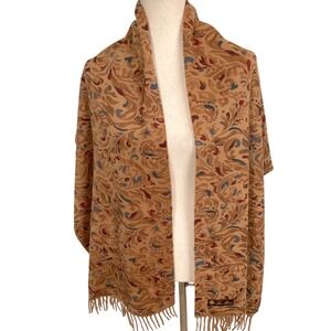 Loro Piana 100% Cashmere Scarf Tan Paisley Floral Fringe 67"x17" Wrap Italy VTG